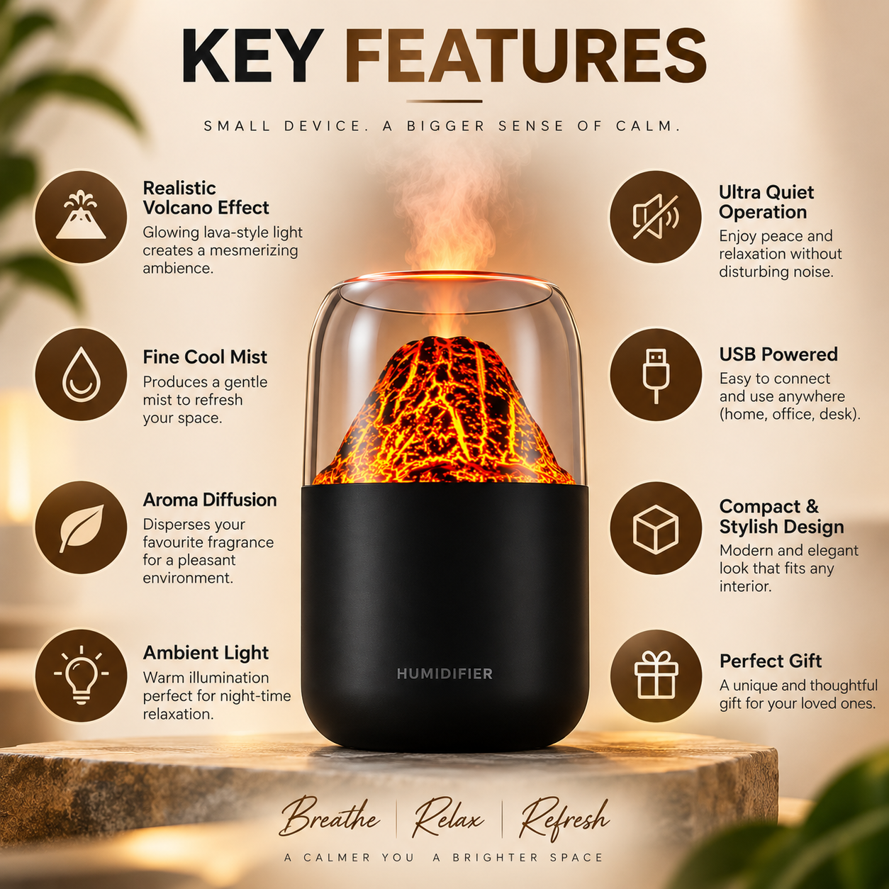 Volcano Aroma Diffuser & Humidifier with Flame Light Effect – USB Cool Mist