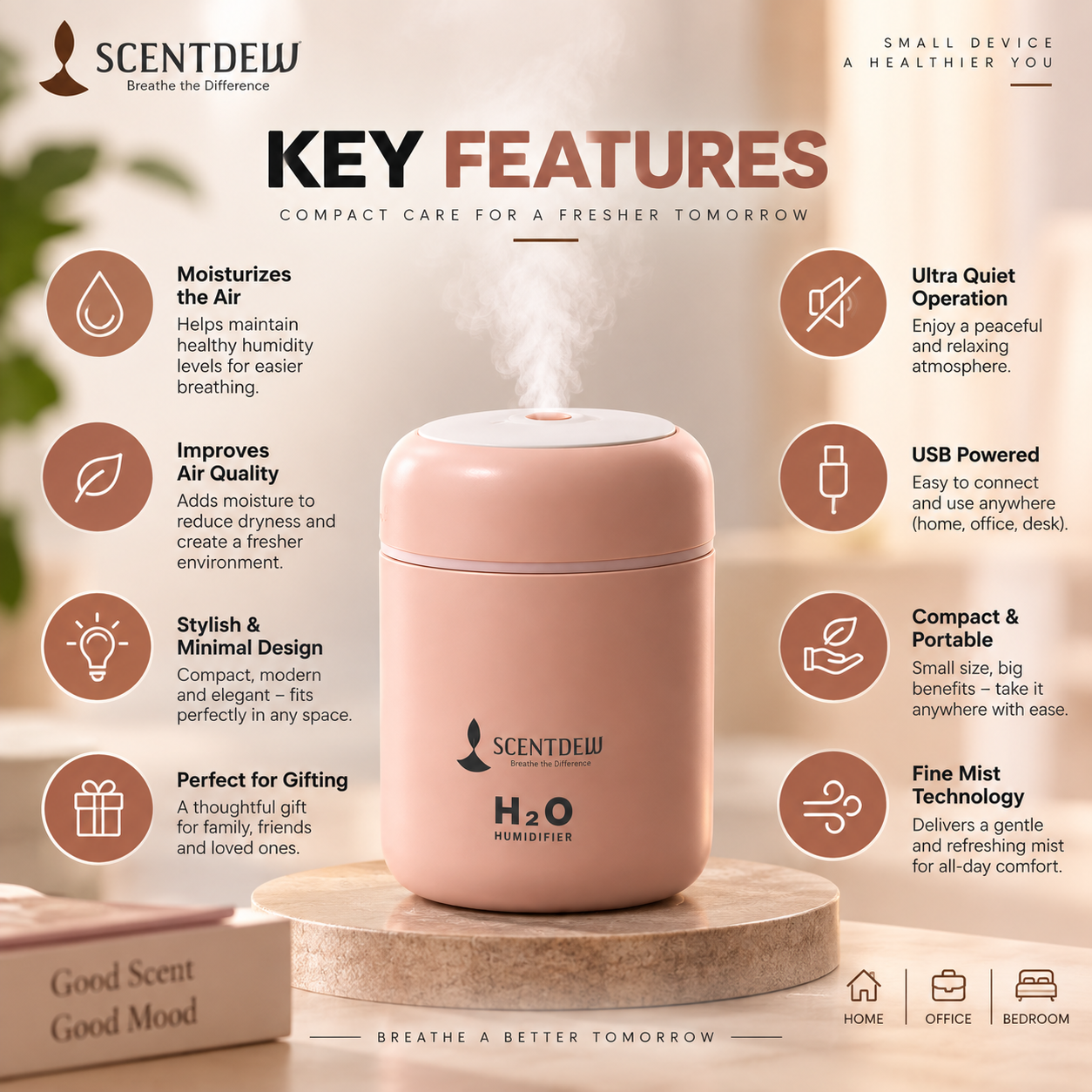 Scentdew H₂O Mini Humidifier – Portable USB Cool Mist Humidifier