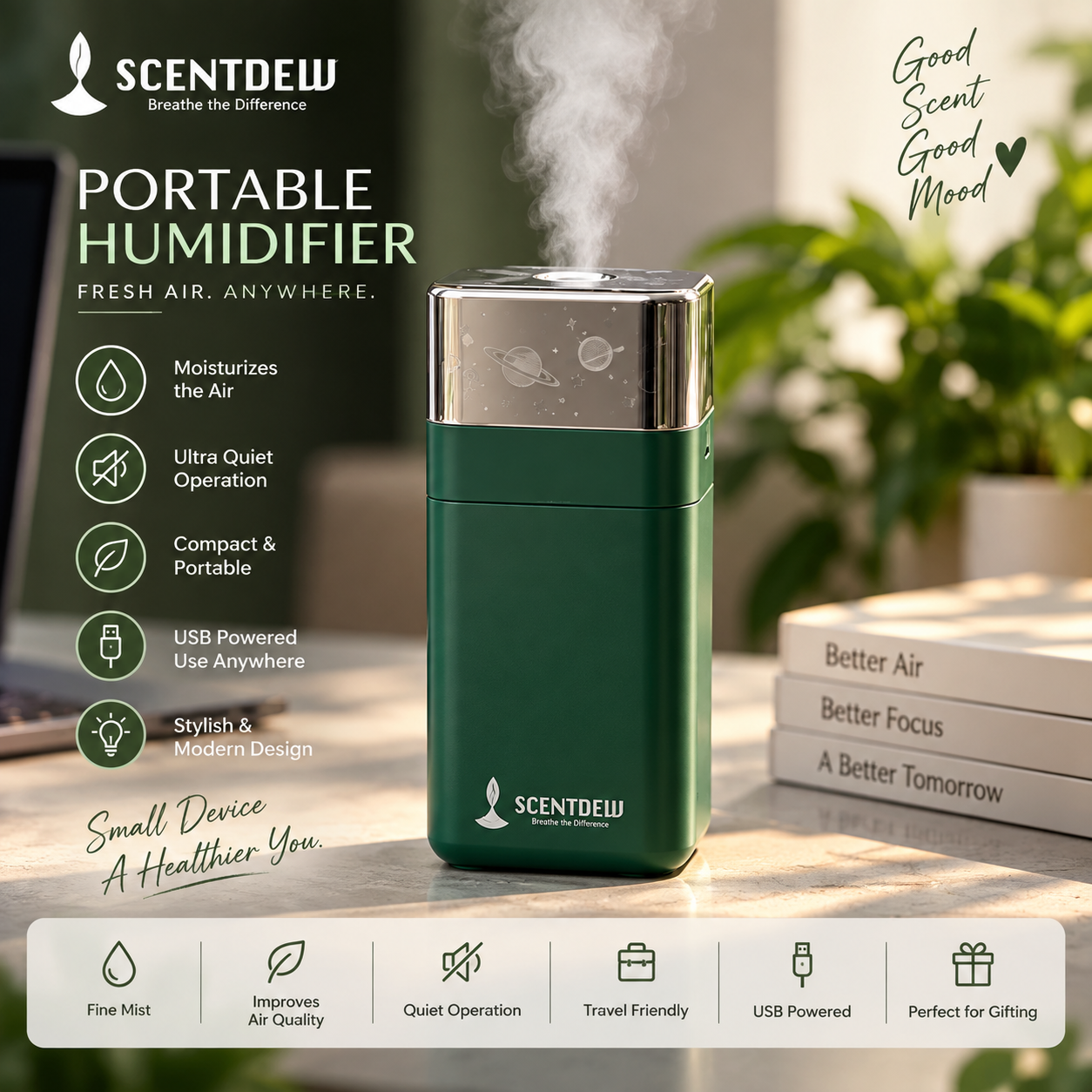 Scentdew Portable USB Humidifier – Compact Cool Mist Humidifier