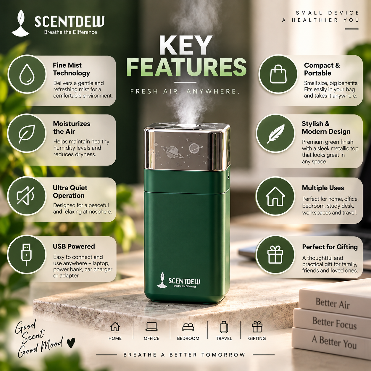 Scentdew Portable USB Humidifier – Compact Cool Mist Humidifier