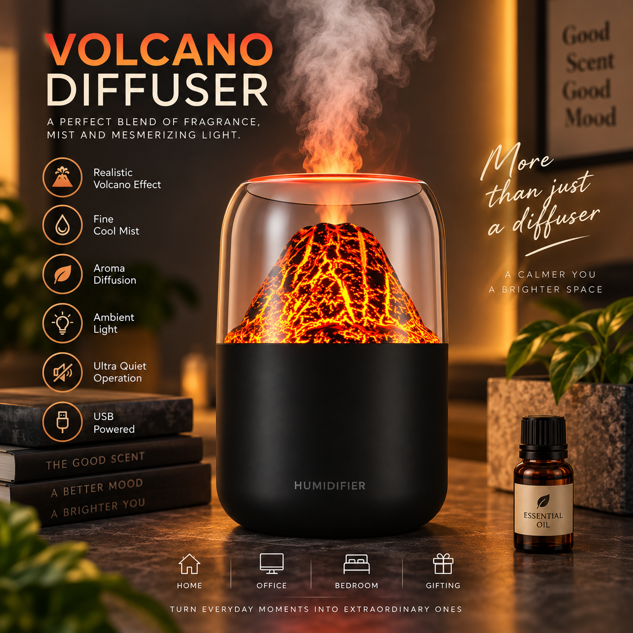 Volcano Aroma Diffuser & Humidifier with Flame Light Effect – USB Cool Mist